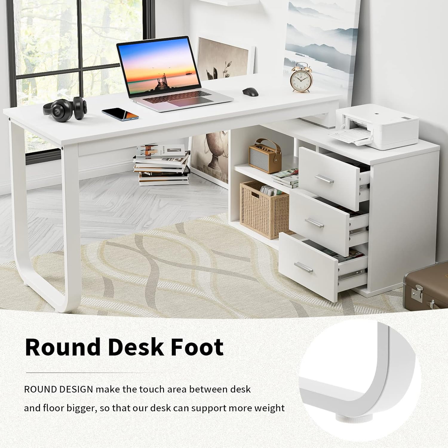 White L Shaped Desk with  Drawers  55 inch Reversible L Shaped Desk with 2 Shelves and Monitor Stand  L Shaped Computer Desk with  Cabinet for Small