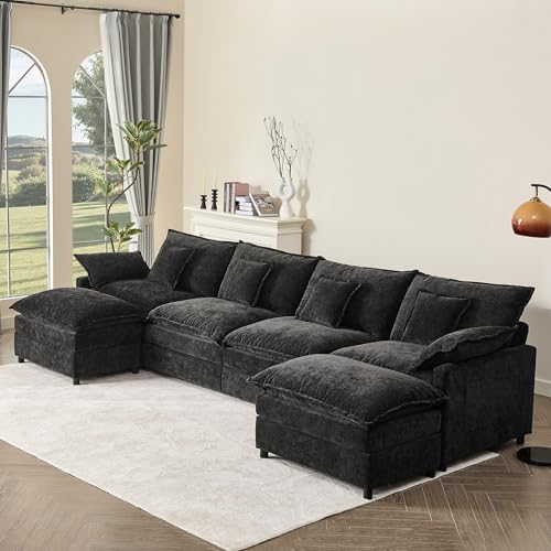 108" U Shaped Couch, Modular Sectional Sofa, 3-Seater Comfy Cloud Couch with Movable Ottoman, Deep Seat Couches for Living Room, Chenille, Black