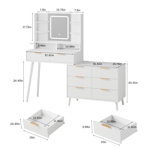 Maupvit Vanity Desk with Mirror and Lights, Makeup Vanity with 8 Drawers & Shelves, Corner Vanity, L Shape Change & Storage