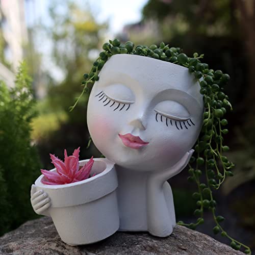 Head Planter Face Flower Pot, Dolkgy Woman Face Planter Unique White Head Planters for Indoor Outdoor Plants