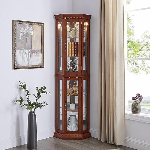 Lighted Curio Cabinet, Wooden Corner Display Cabinet Adjustable Tempered Glass Shelves