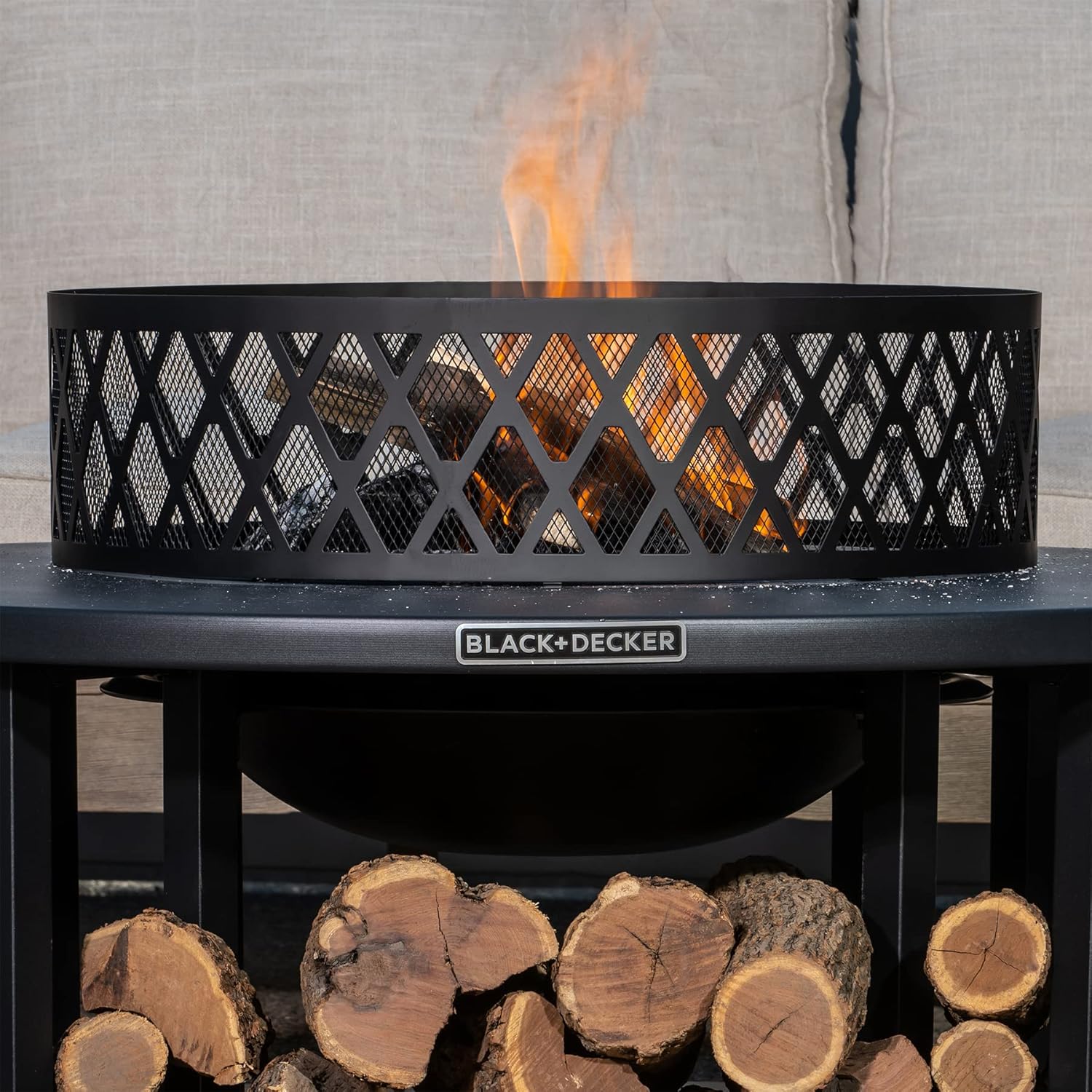 BLACK + DECKER 38" D Steel Wood burning fire pit with log storage area for entertaining backyard bonfires includes mesh lid and poker Black powder