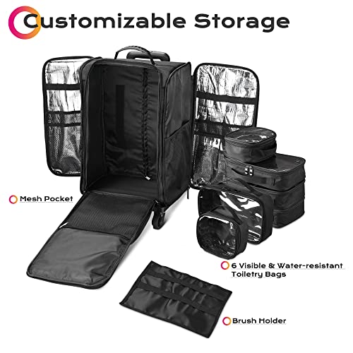 BYOOTIQUE Classic Black Rolling Makeup Train Case Soft Sided Cosmetic Storage Makeup Organizer Carry on Travel with Removable Side Pocket Bag