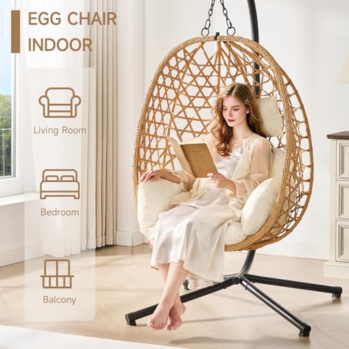 Egg Chair with Stand, Wicker Rattan Swing Hammock Chair with Fine Lace & Cushion, Hanging Chair with Double Chains