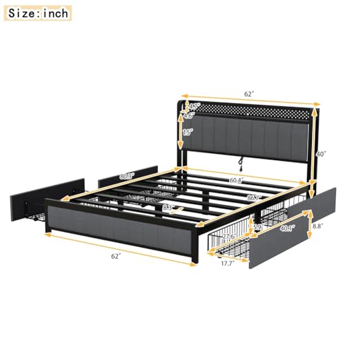 Queen Bed Frame, LED Bed Frame Queen Size with LED Headboard and 4 Storage Drawers, Upholstered Platform Bed with USB Port Sockets