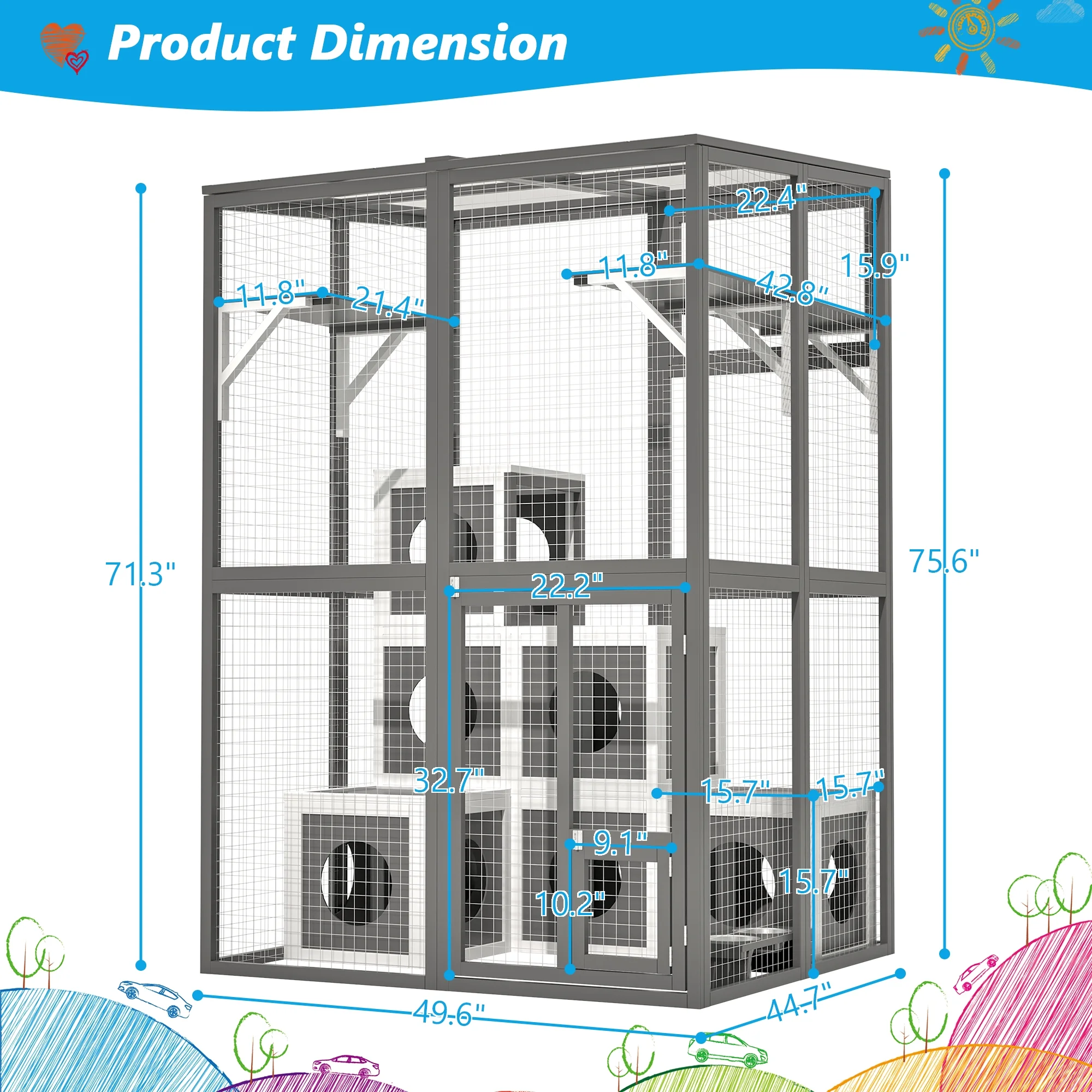 Montary Catio Outdoor Cat Enclosure with Window Access, 4-Tier Cat House with Wheels, Waterproof Roof &amp; Resting Box, Large Gray Cage