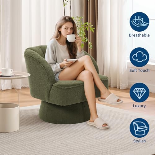 GarveeHome Modern Swivel Barrel Accent Chair, 360° Teddy Fabric Upholstered Armchair with Striped Backrest & Plush Padding