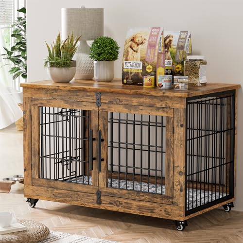 Lulive Dog Crate Furniture for Medium Dogs, 32'' Dog Kennel Indoor with Cushion & Wheels Wooden Dog Cage Double Doors Dog Crate End Table, Grey