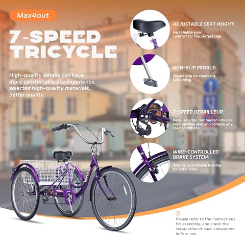 7-Speed Adult Tricycle with Large Basket 24/26 Inch, Stable 3-Wheel Cruise Bicycle for Shopping, Beach and City Trike Perfect for Men, Women