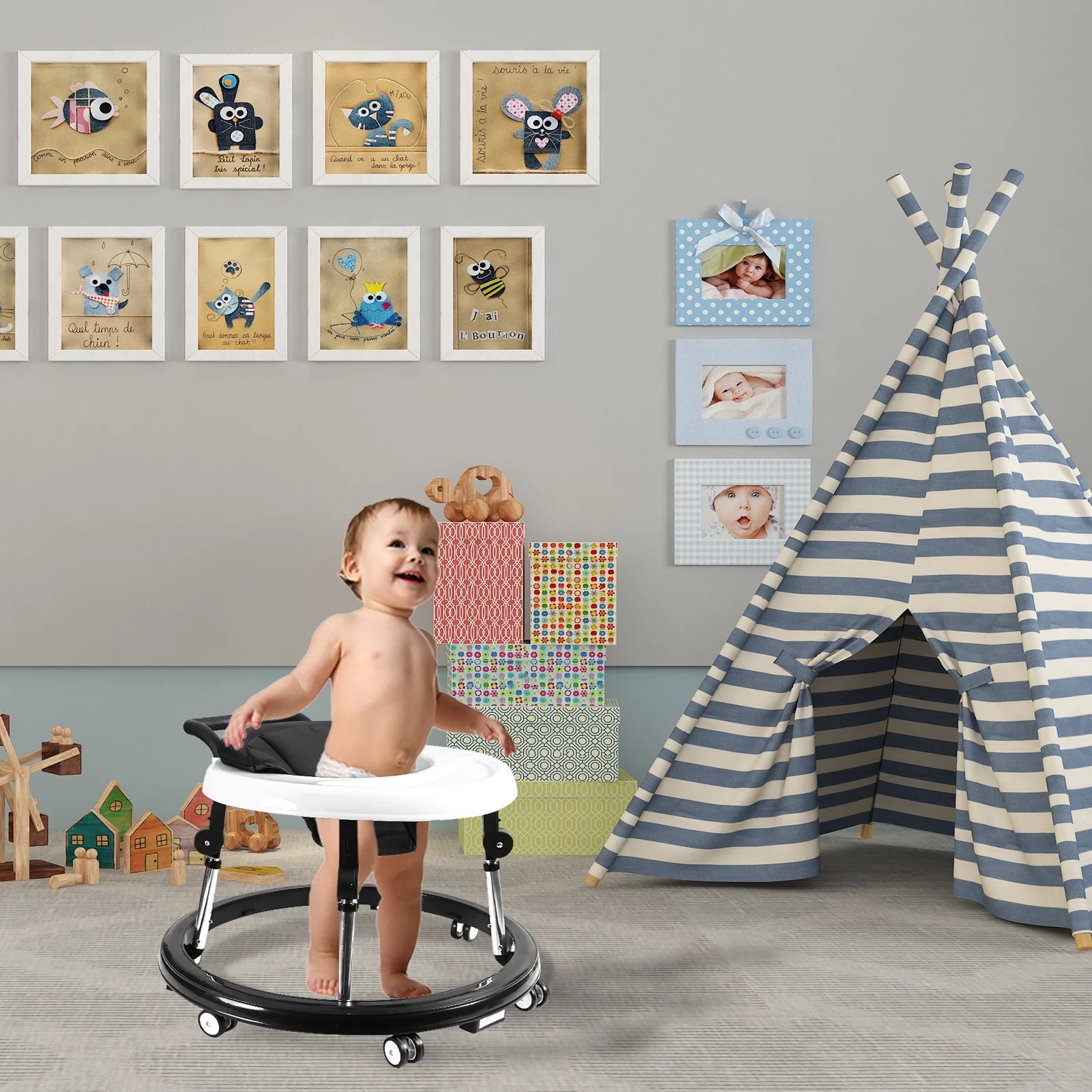 Baby Walker, Baby Walker with Wheels, Foldable 9-Gear Height Adjustable, Baby Walkers and Activity Center with Foot Pads/Mute Wheels