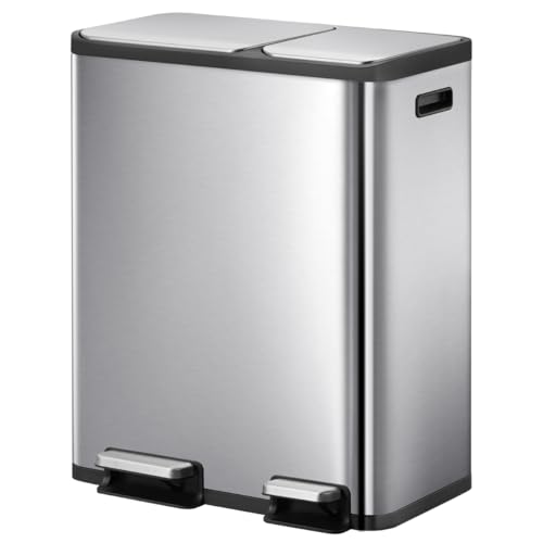 EKO EcoCasa II 36L+24L Dual Trash Can with Recycle Bin, Stainless Steel Garbage Can with Lid, Deodorizer Compartment