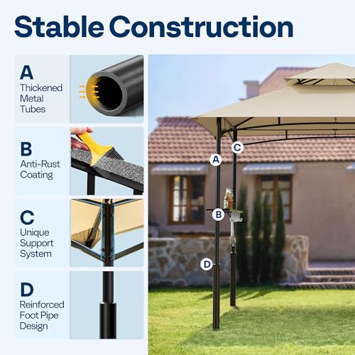 VIVOHOME 8&times;5 ft Grill Gazebo Outdoor BBQ Patio Canopy Tent with Double Tiered Vented Top & 2 Side Shelves, Beige