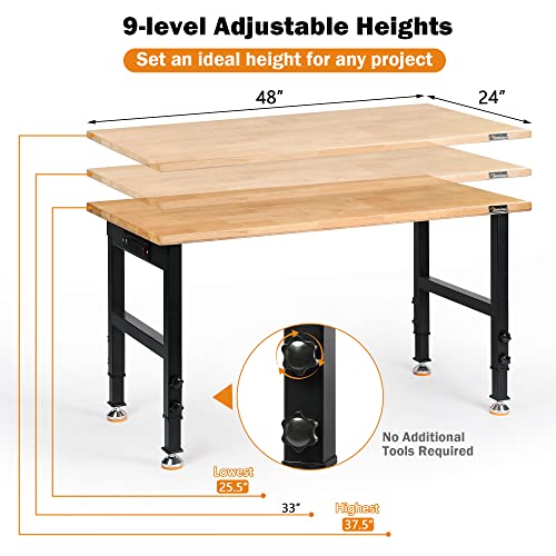 48" Heavy Duty Adjustable Workbench with Large Pegboard, Adjustable Work Table with Power Outlets & Lockable Wheels