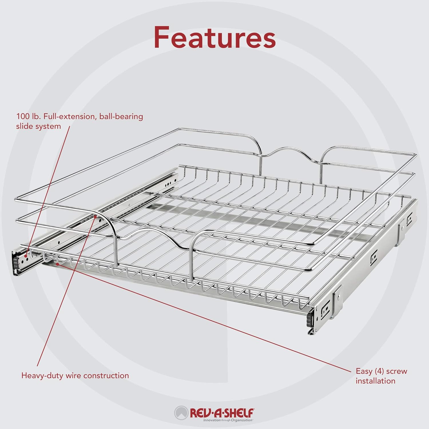 Rev-A-Shelf 5WB1-2122CR-1 21 Inch x 22 Inch Single Wire Basket Pull Out Shelf Storage Organizer for Kitchen Base Cabinets, Silver