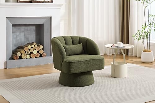 GarveeHome Modern Swivel Barrel Accent Chair, 360° Teddy Fabric Upholstered Armchair with Striped Backrest & Plush Padding