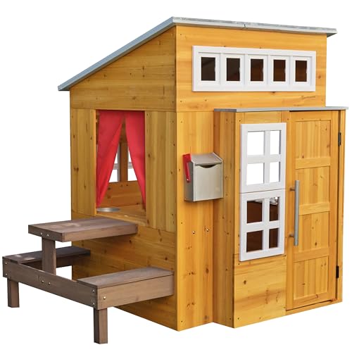 KidKraft Modern Outdoor Wooden Playhouse with Picnic Table, Mailbox and Outdoor Grill ,Gift for Ages 3+