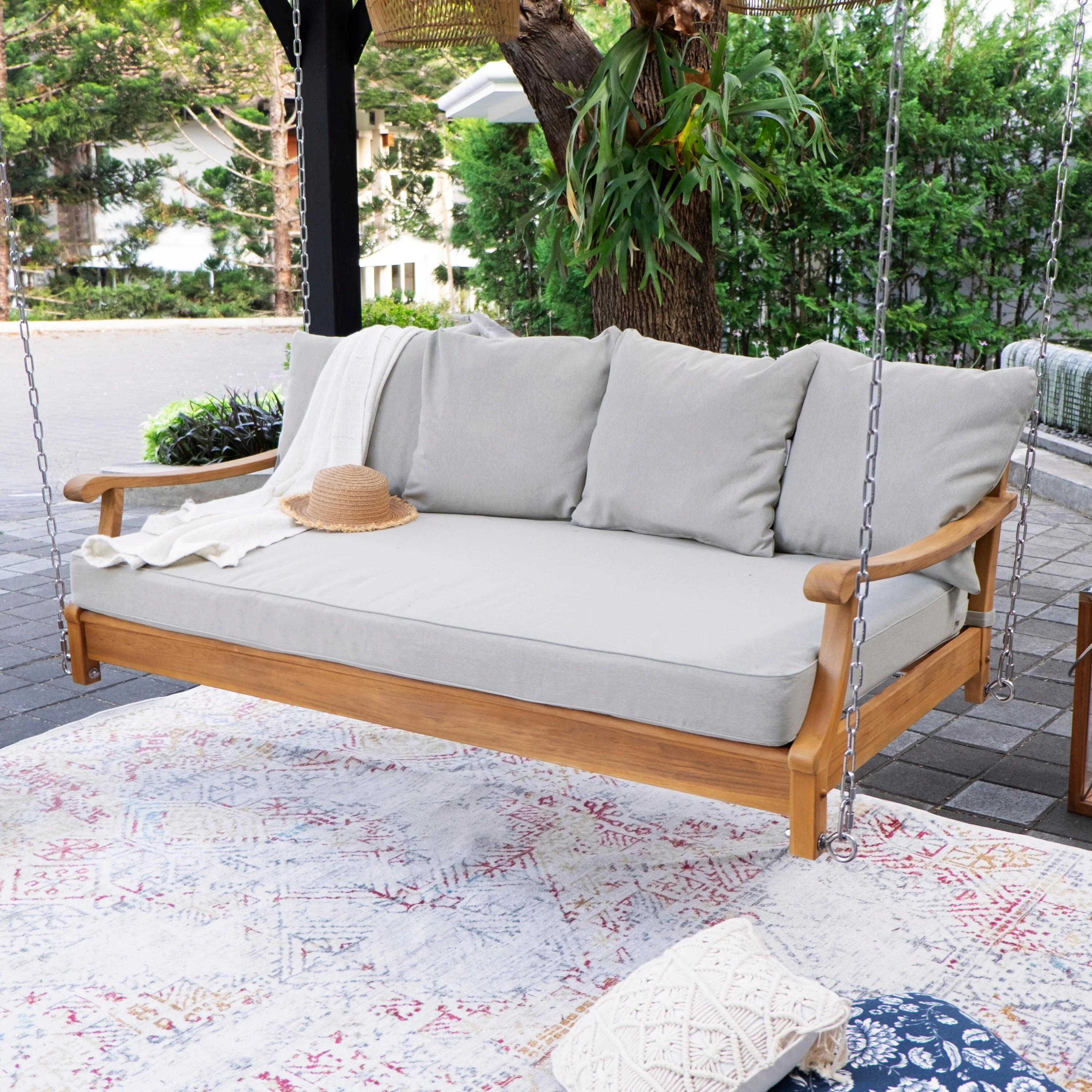 Cambridge Casual  Robin Teak Wood Outdoor Swing Daybed with Cushion
