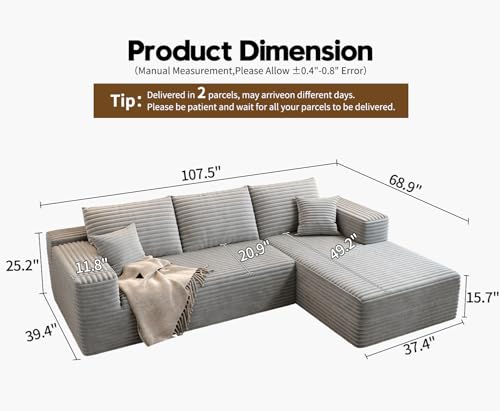 107.5" Cloud Modular Sectional Sofa with 1 Ottoman,Modern Minimalist Upholstered Couches, Comfort U Shaped Sofa for Living Room