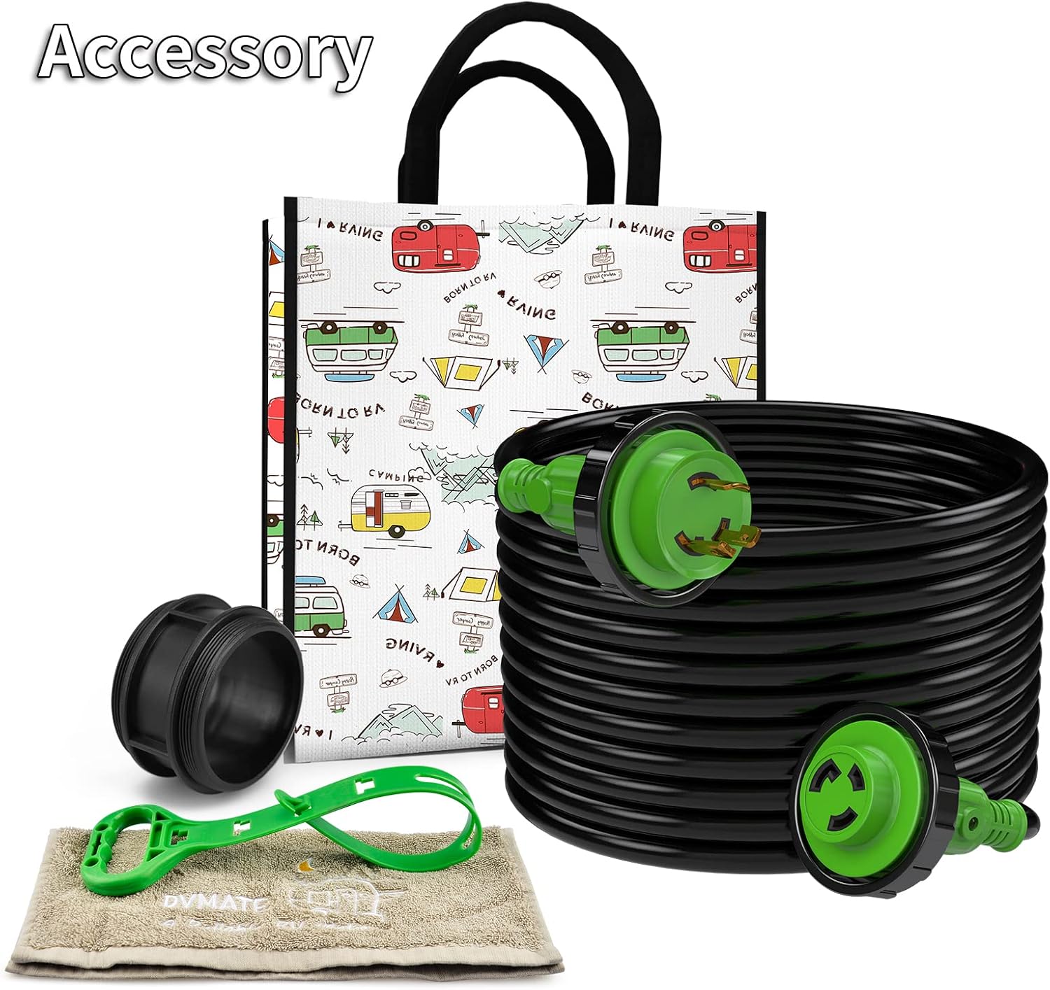 RVMATE 3 Prong 30 Amp Generator Extension Cord 25 Feet, with Locking Ring and LED Power Indicator Light, NEMA L5-30P/L5-30R 125V Stow 10 Gauge