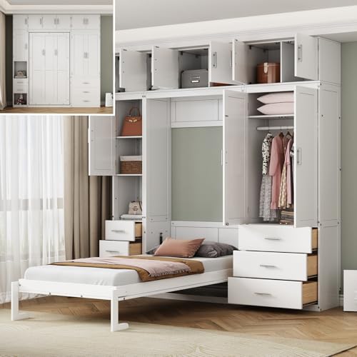 Merax Full Size Murphy Bed Cabinet with Lockers and Storage Wardrobes Shelves, Wood Foldable Hidden Wall Platform Bedframe Chest for Home, Bedroom