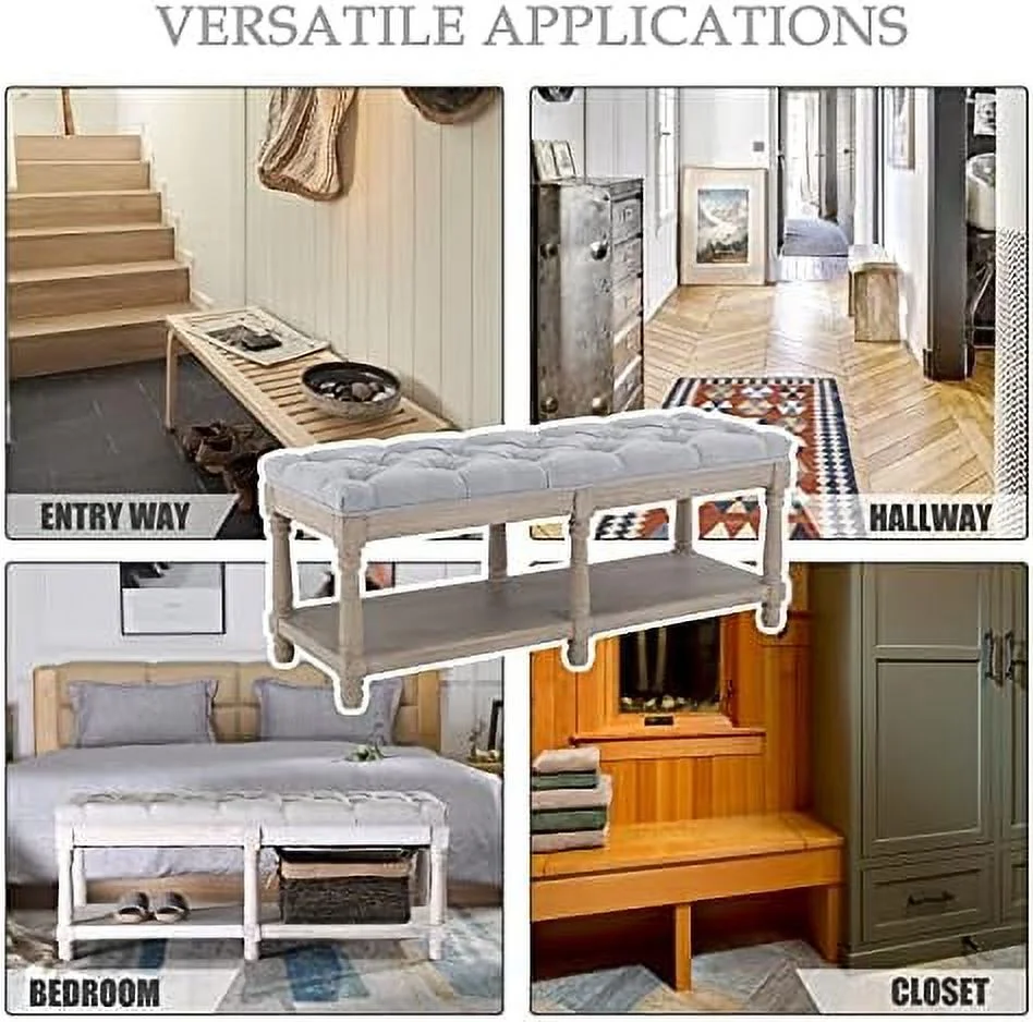 YPZBBOOM Entryway Bench Tufted Shoe Rack Bench Wood Window Bench for Hallway Entrance Bedroom Corner-1 Seat  Gray