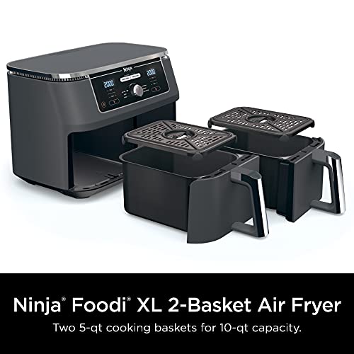 Ninja DZ401 Foodi 10 Quart 6-in-1 DualZone XL 2-Basket Air Fryer with 2 Independent Frying Baskets, Match Cook & Smart Finish to Roast, Broil