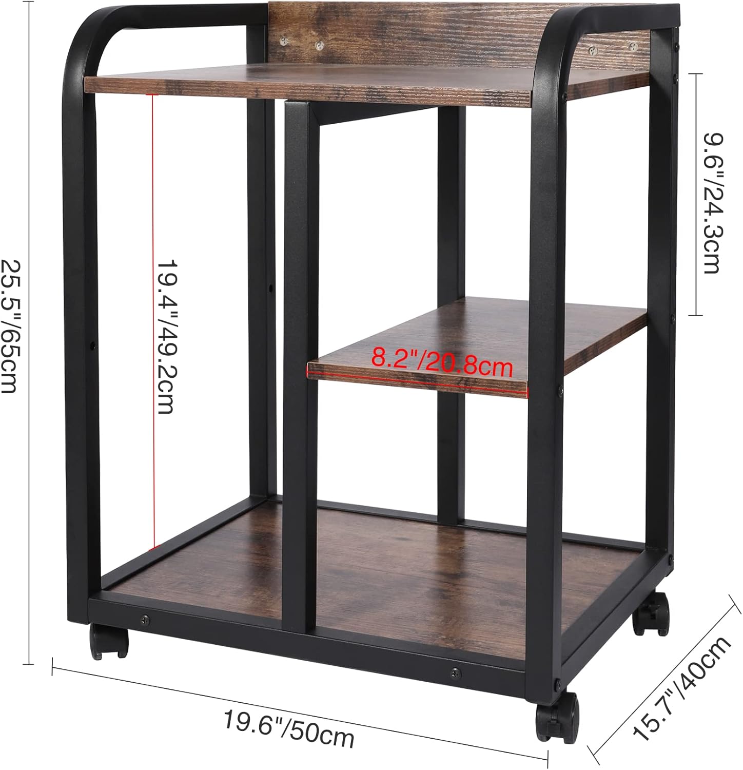 ALAPUR Printer Stand with Storage, 3 Tier Printer Cart Rolling Printer Stand Under Desk with Wheels, Wood Printer Table for Home Office, Rustic Brown