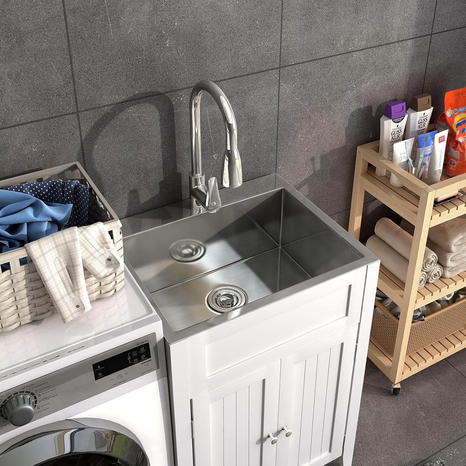 VINGLI 24-Inch Laundry Sink with Cabinet Stainless Steel Sink Faucet White Cabinet Combo for Laundry Room, Bathroom and Kitchen