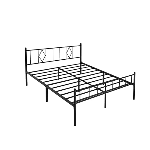 Full Size Bed Frame, 14 Inch Metal Platform Bed with Iron-Art Headboard & Footboard, Classic Bed Frame with Heavy Duty Metal Slats Support