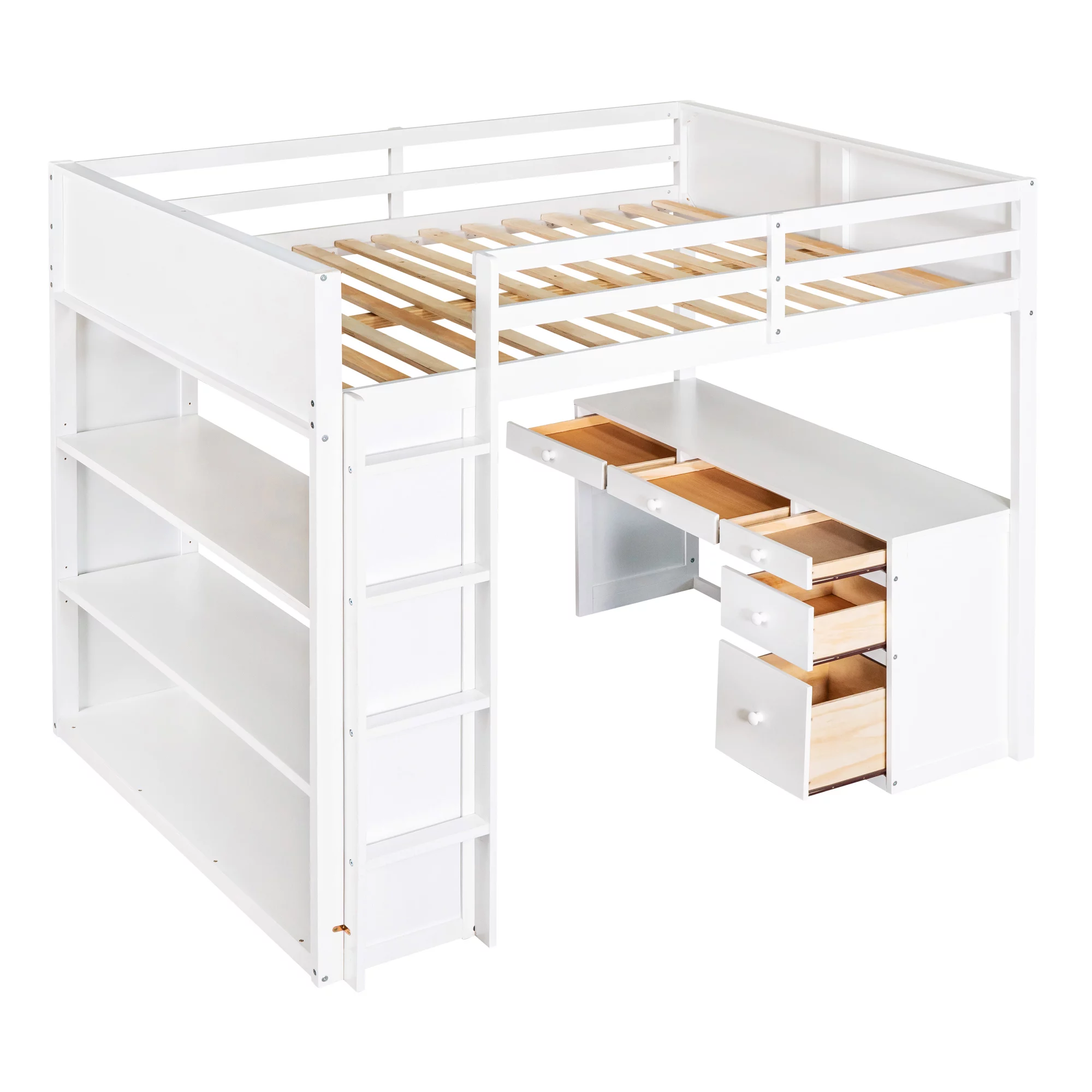 Bellemave Full Size Loft Bed with Desk and Shelves, Wood High Loft Bed Frame with Storage and Ladder, for Kids Teens Adults, White