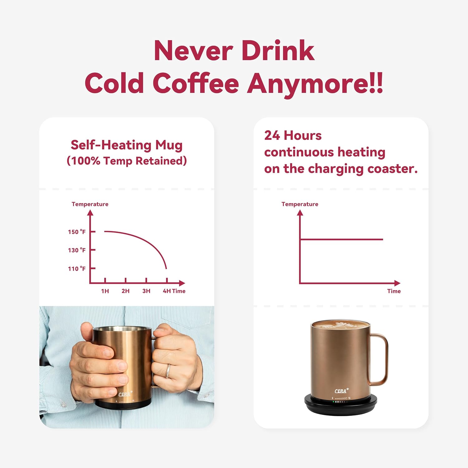 CERA+ Temperature Controlled Smart Mug 2, Self-Heating Coffee Mug with Lid, 90 Minutes Battery Life, APP or Manual Control, Gift-Packing(Brown