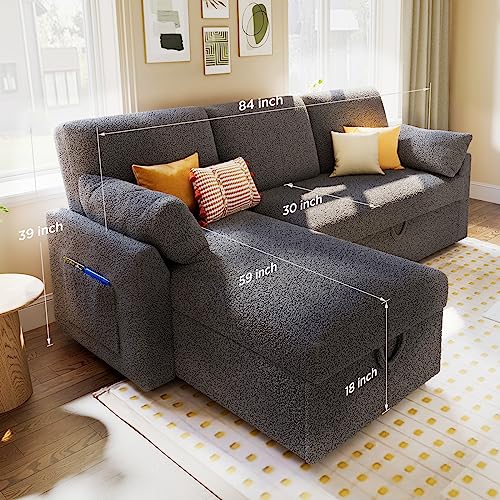VanAcc Sleeper Sofa, Sofa Bed- 2 in 1 Pull Out Couch Bed with Storage Chaise for Living Room, Beige Chenille Couch