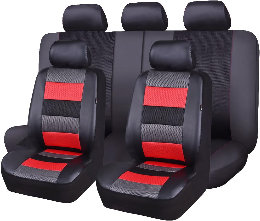 Flying Banner Car Seat Covers Full Set Front Seats and Rear Bench Black Leather and Red Fabric Mesh Cover Breathable Black with Grey and red Color