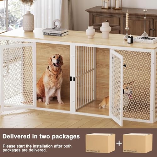 71 Inch Dog Crate Furniture for 2 Dogs, XXL Double Cage with Removable Divider & Large Doors, Heavy Duty Wooden Dog Kennel, Indoor Pet House (Black
