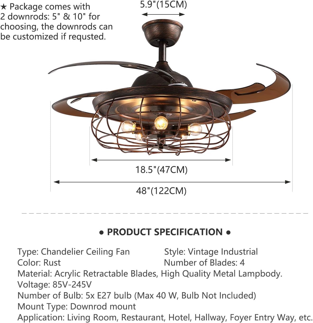 Siljoy 48 Retractable Blades Chandelier Ceiling Fan Industrial Retro Fandelier with Remote