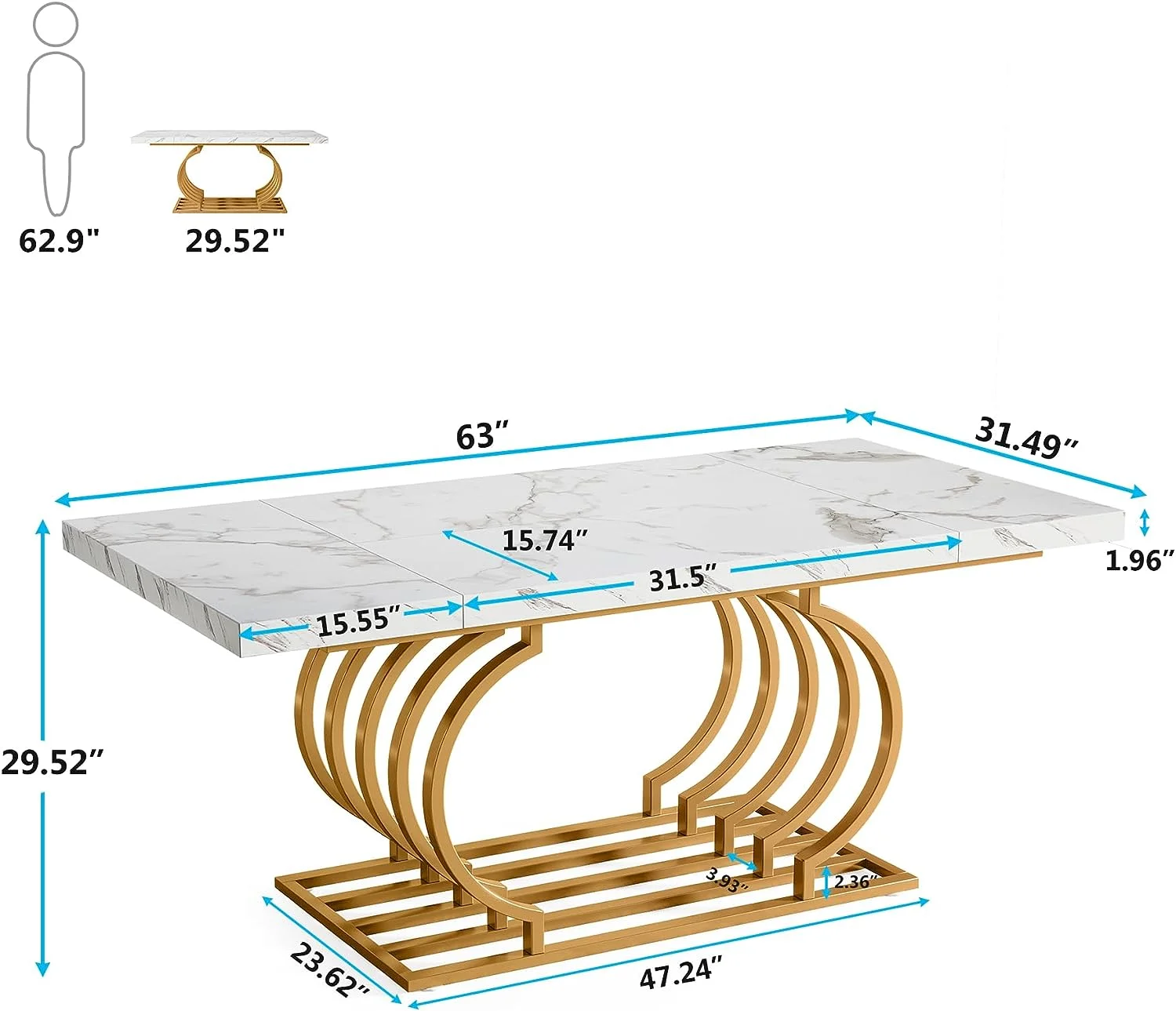 Tribesigns 63 inch Gold Dining Table, Rectangular Elegant Dinner Room Table Kitchen Table for 6-8 People Seats,Living Room, White & Gold
