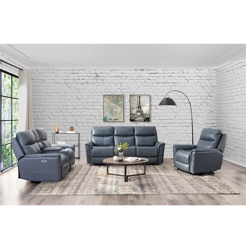 Drake Power Motion Sofa & Power Head Rest In Blue Grey Leather