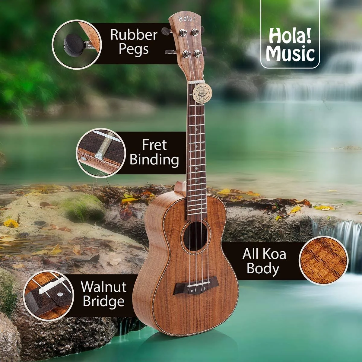 Hola! Music HM-127KA+ Deluxe Tenor Ukulele, Acacia w/Aquila Strings