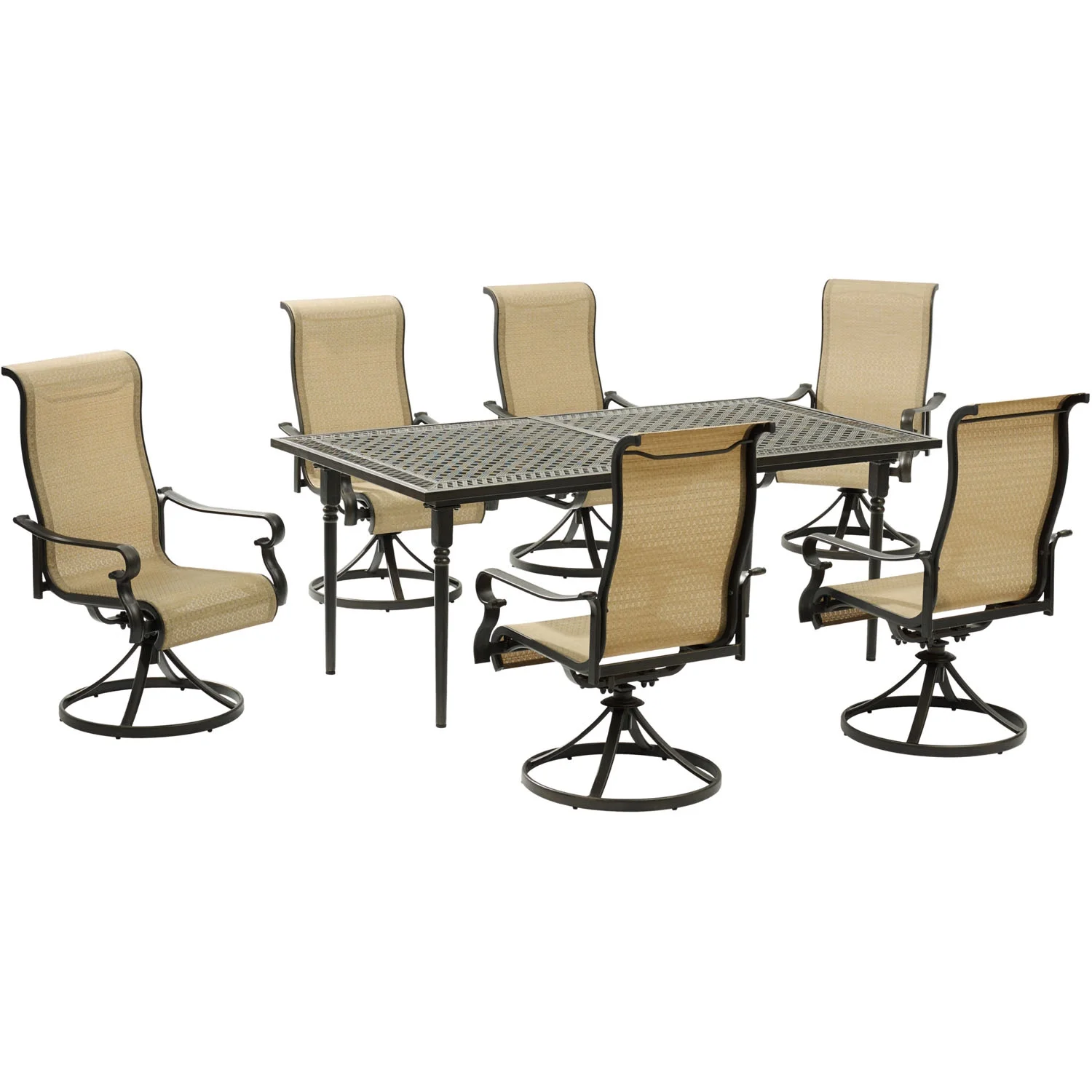 Hanover Brigantine 7-Piece Dining Set with an Expandable Cast-Top Dining Table and 6 Sling Swivel Rockers