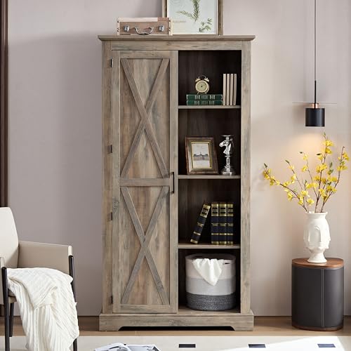 Rustic Farmhouse Tall Storage Cabinet Bookcase with Sliding Barn Door, Adjustable Shelf