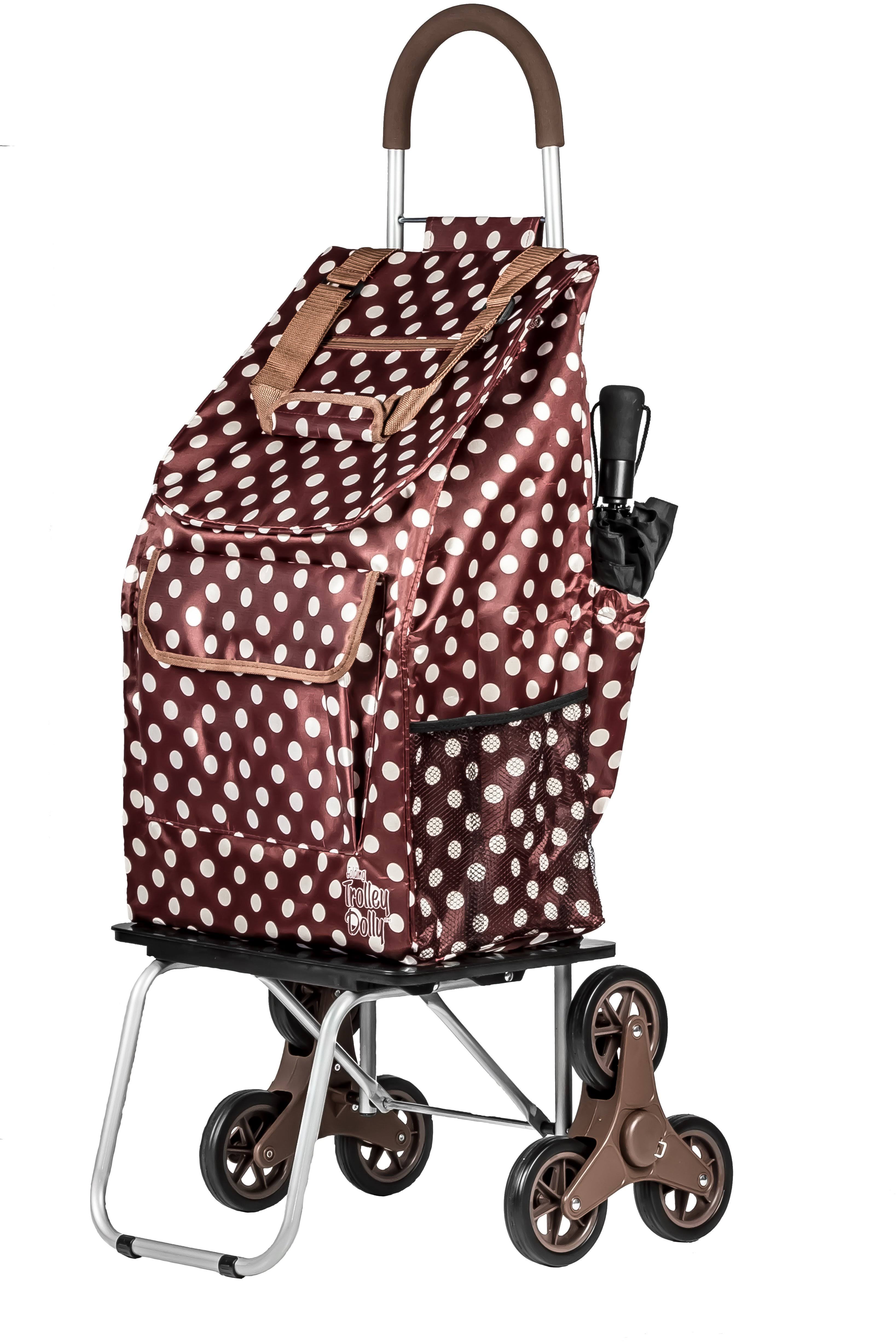 dbest Products Stair Climber Bigger Trolley Dolly, Brown Polka Dot Shopping Grocery Foldable Cart Condo Apartment