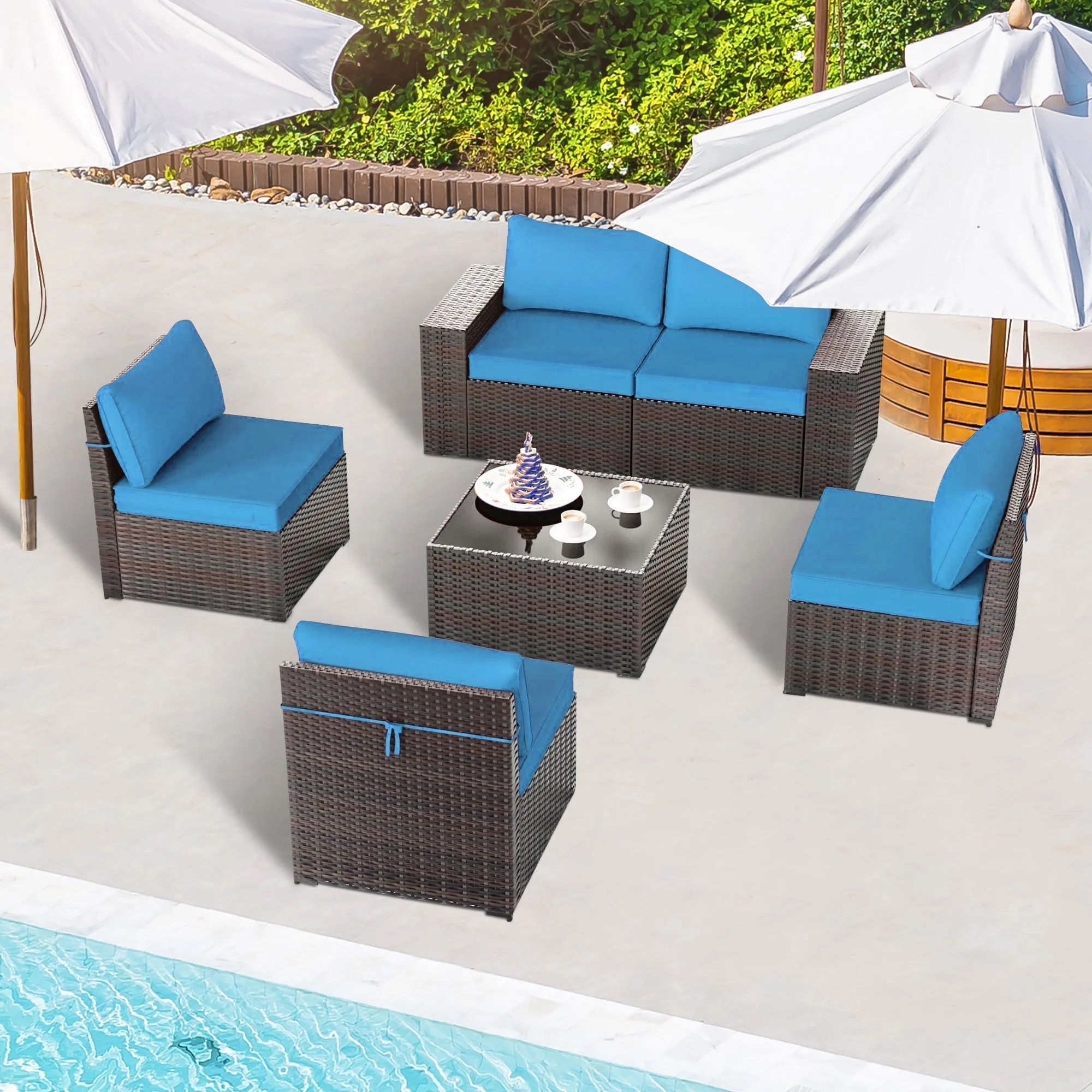TANGJEAER 6 Pieces Patio Outdoor Furniture Sets All Weather Wicker Sectional Sofa Couch Lawn Sectional Furniture with Washable Couch Cushions and