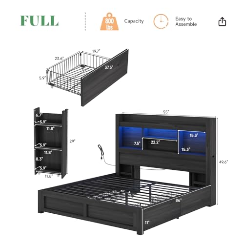 AMERLIFE Queen Bed Frame with 4 Storage Drawers, LED Platform Bed with 49" Bookcase Headboard