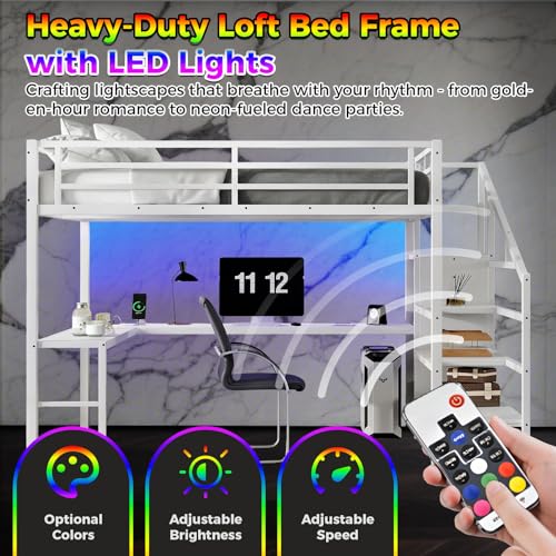Full Size Metal Loft Bed Heavy-Duty Loft Bed Frame, LED Loft Bed Frame with L Shaped Desk, Wardrobe, Storage Stairs