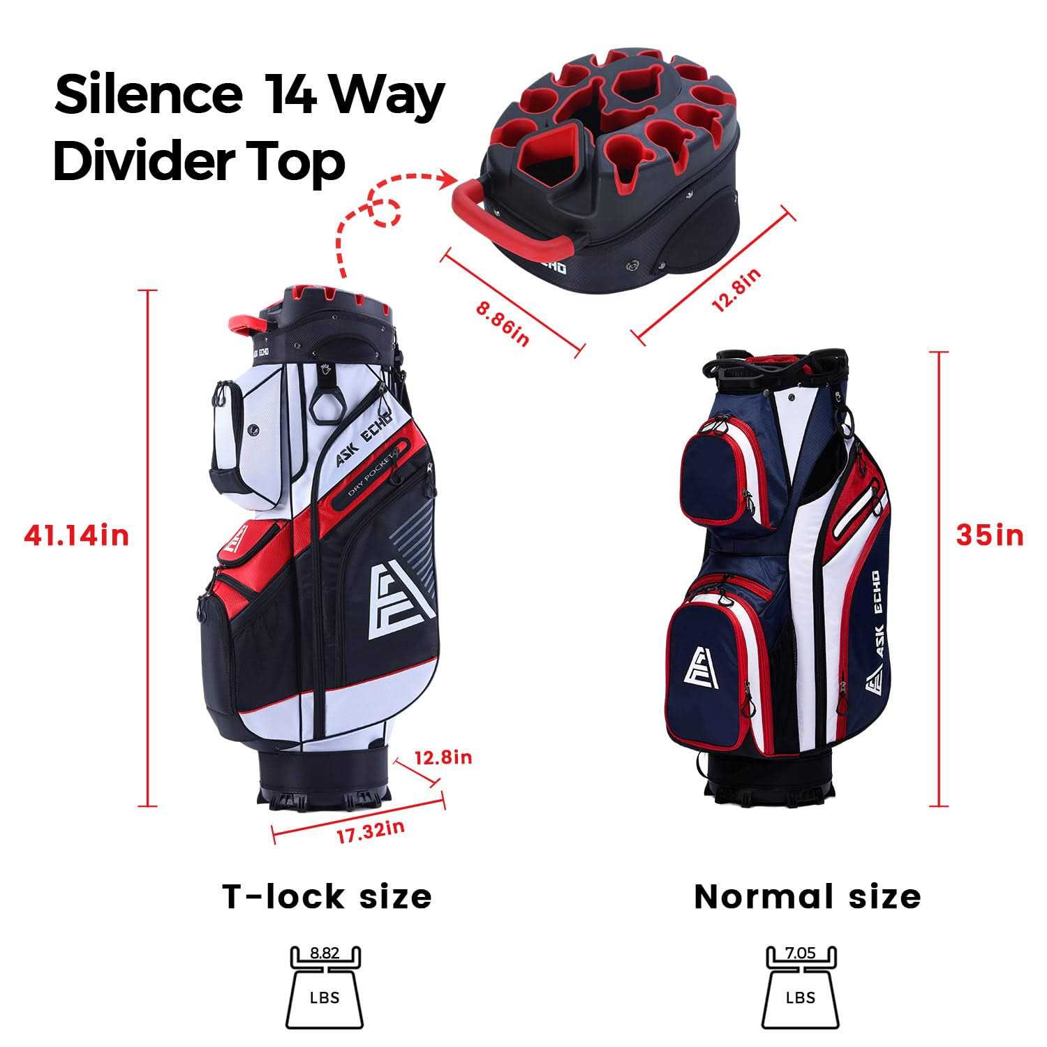 ASK ECHO T-Lock Golf Cart Bag with 14 Way Organizer Divider Top, Premium Cart Bag with Handles and Rain Cover for Men - Sports Supplies Online Store