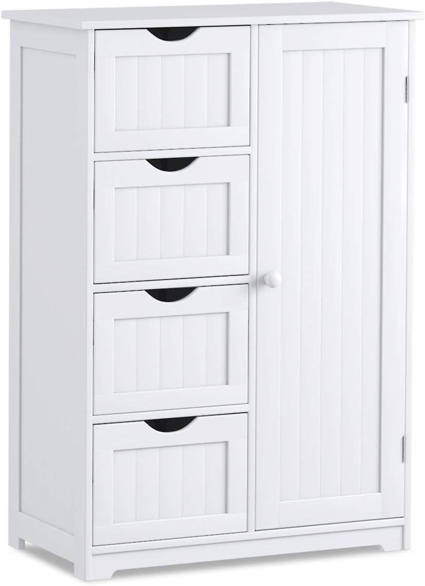 Giantex Bathroom Floor Cabinet Wooden with 1 Door & 4 Drawer, Free Standing Wooden Entryway Cupboard Spacesaver Storage Cabinet (Gray)