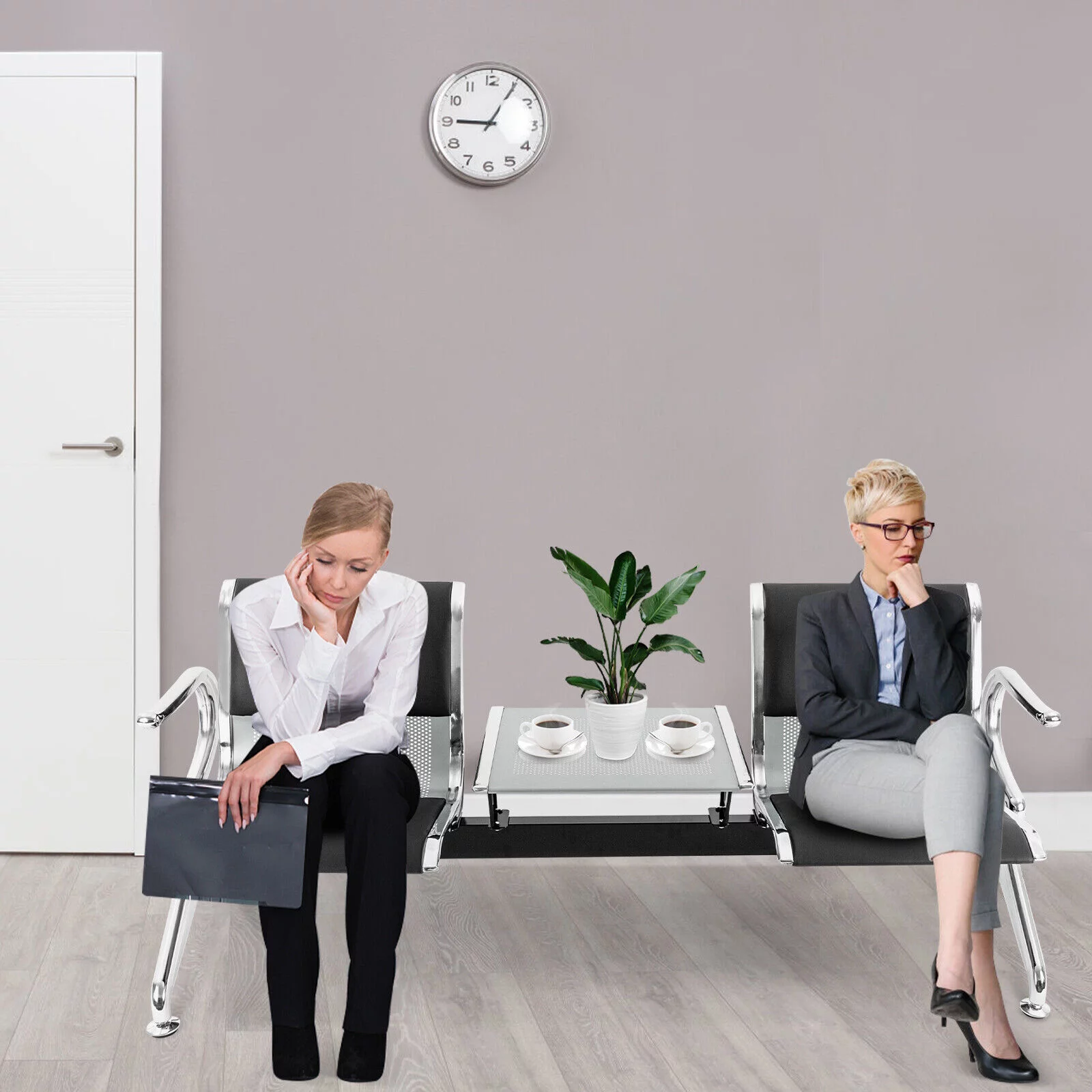 Miumaeov Airport Reception Chairs Waiting Room Chairs with Table and Arms 2 Seat PU Leather Reception Bench Waiting Area Bench Guest Reception Chairs