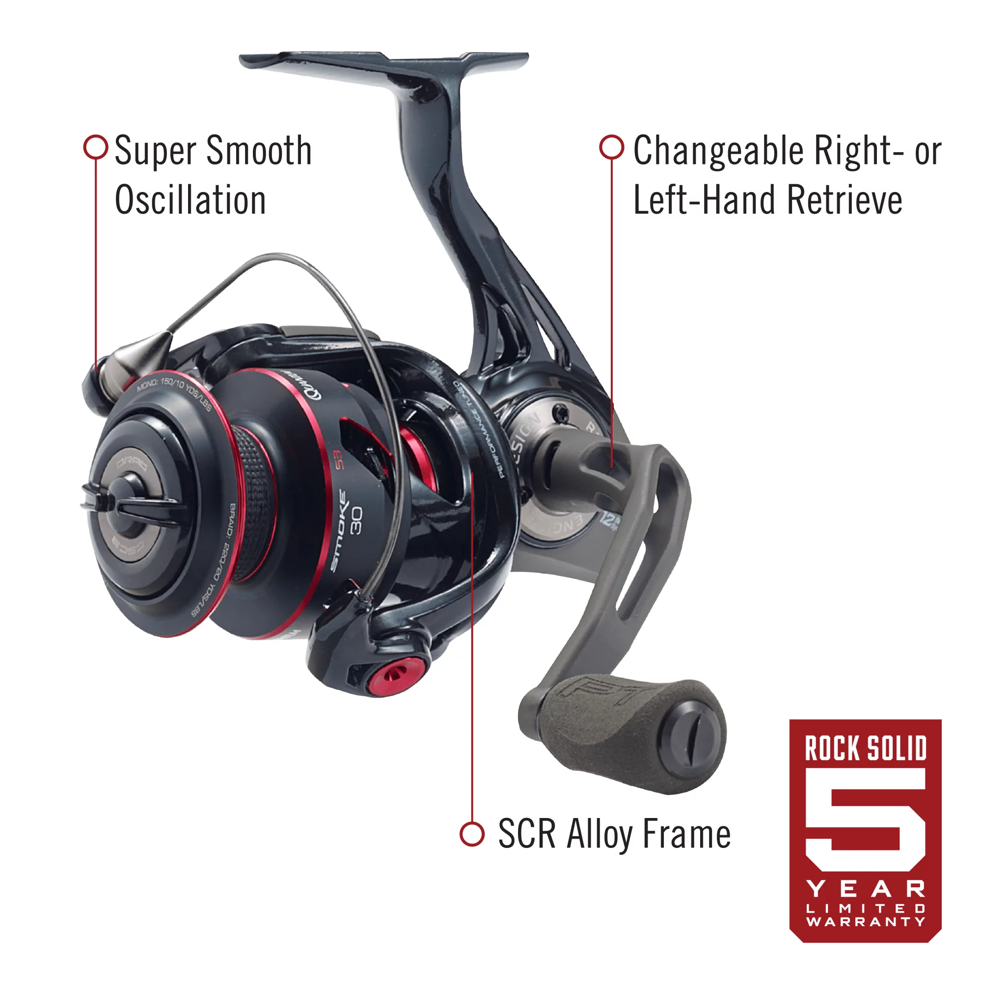 Quantum Smoke Spinning Fishing Reel, Size 30 Reel, Changeable Right- or Left-Hand Retrieve