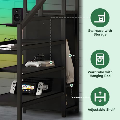 Queen Size Metal Loft Bed with L Shaped Desk and Wardrobe, Heavy Duty Loft Bed Frame with Storage Stairs, High Loft Bed Frame with LED