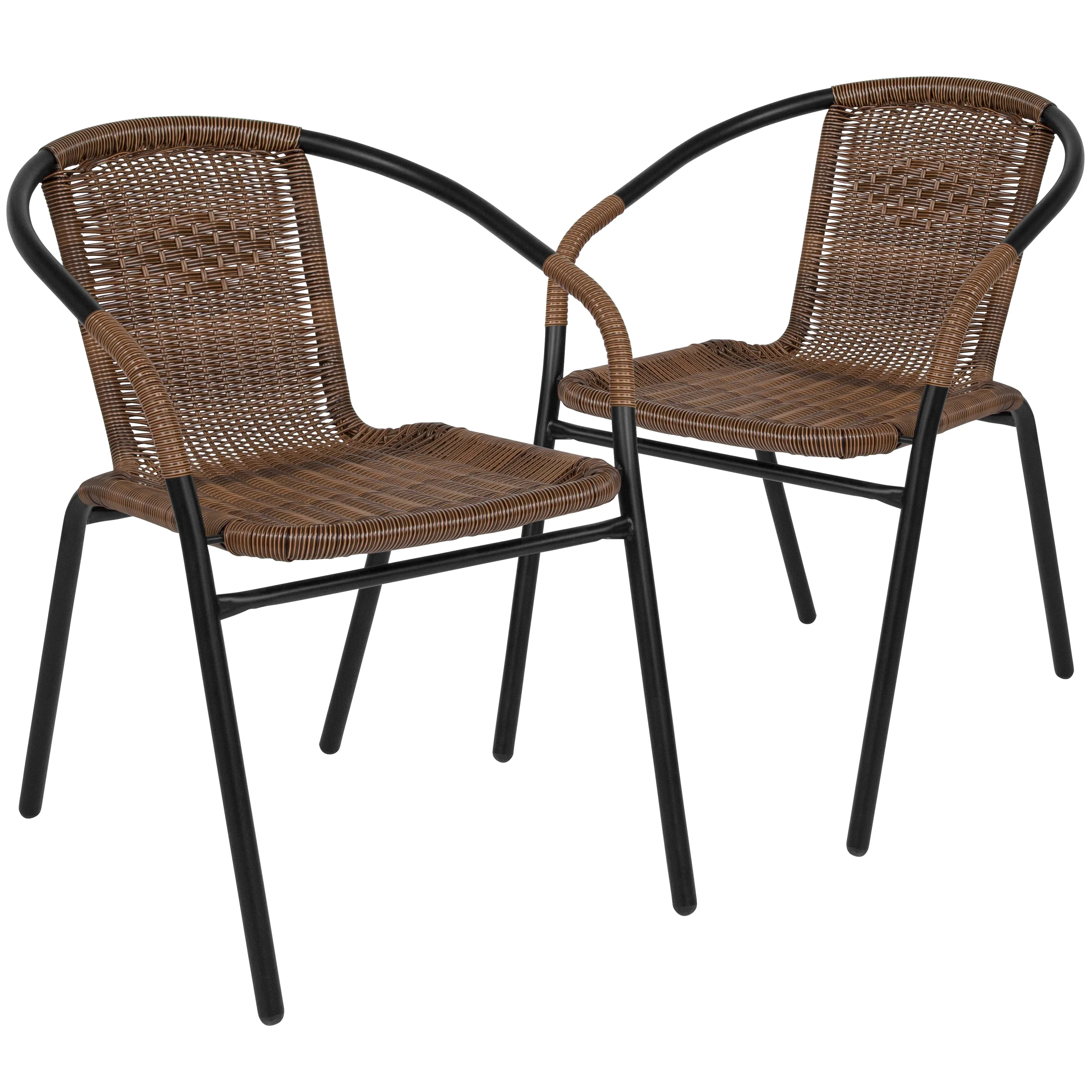 BizChair 2 Pack Medium Brown Rattan Indoor-Outdoor Restaurant Stack Chair